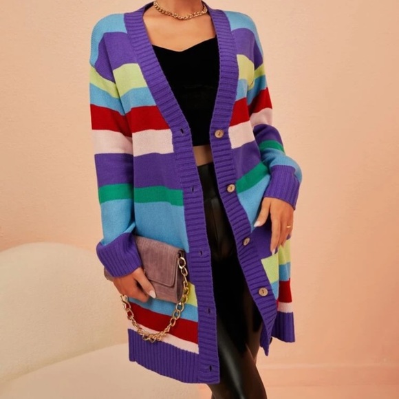 NEW INVENTORY 🎆Rainbow Stripe Pattern Drop Shoulder Cardigan🎆 - Picture 6 of 11